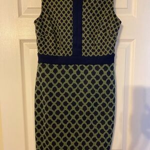 Elegant Geometric Midi Dress in Olive and Navy